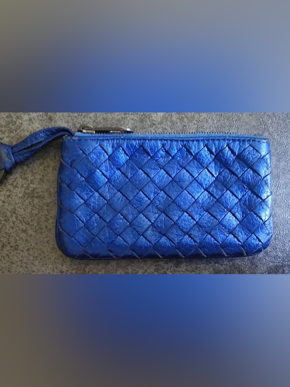 Bottega Veneta Braided Metallic Blue Leather Women's Zip Wallet/Card/Key Pouch